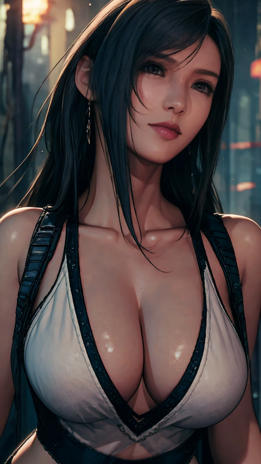 Highest quality}, {so beautiful}, {Very detailed}, {Best illustrations}, Browsing Caution, Realistic, masterpiece, Highest quality, (Beautiful Eyes), Tifa:1.5, Huge breasts、night, Outdoor, In the dark and mysterious forest, Anxious expression, Wet body, Earrings,Central opening, 、Camel Toe, Great tit, Cleavage, Plump, Mature Woman, Looking up from directly below:1.5,Fantasy_world,