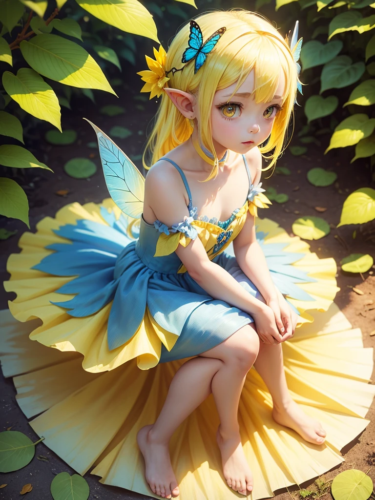 cute little Fairy, blue butterfly, yellow hair, yellow eyes, yellow dress pointy ears dress made of petals leaves leaning forward sitting on big leaves、Leaves Sunshine Light