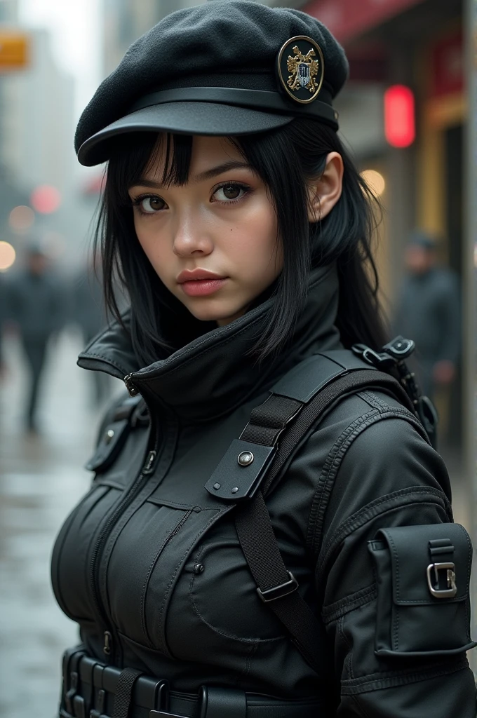 girl in S clothes.T.a.R.S, blackquality hair, brown eyes and black beret.