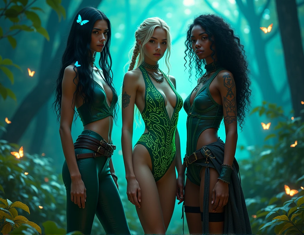 A photorealistic 4K image of three young adult women, each exuding beauty and strength, standing together in a mystical, bioluminescent forest. The scene is cinematic, with soft light filtering through the dense canopy, casting a magical glow. The women are shown full-length, showcasing their unique styles and clothing.

The first woman has long black hair adorned with glowing blue butterflies, wearing a green, vine-like bodysuit with luminous threads. The second woman, with braided blonde hair and glowing green tendrils, wears a dark emerald tunic with bioluminescent rune patterns. The third woman, with dark curly hair and deep brown skin, is dressed in a rugged outfit combining leather and glowing tribal tattoos.

The backdrop is an enchanting bioluminescent forest with glowing plants and ethereal butterflies. The lighting enhances the magical atmosphere, with soft shadows and highlights that bring out the photorealistic details of their clothing and expressions. The scene has a cinematic quality, like an epic fantasy movie.

[Lighting: Soft bioluminescent glow] [Camera: Wide-angle full-length shot] [Resolution: 4k, hyper-realistic] [Style: Ethereal forest warriors, bioluminescent armor, cinematic fantasy] [Inspiration: Avatar, The Legend of Zelda, Enchanted forests].
