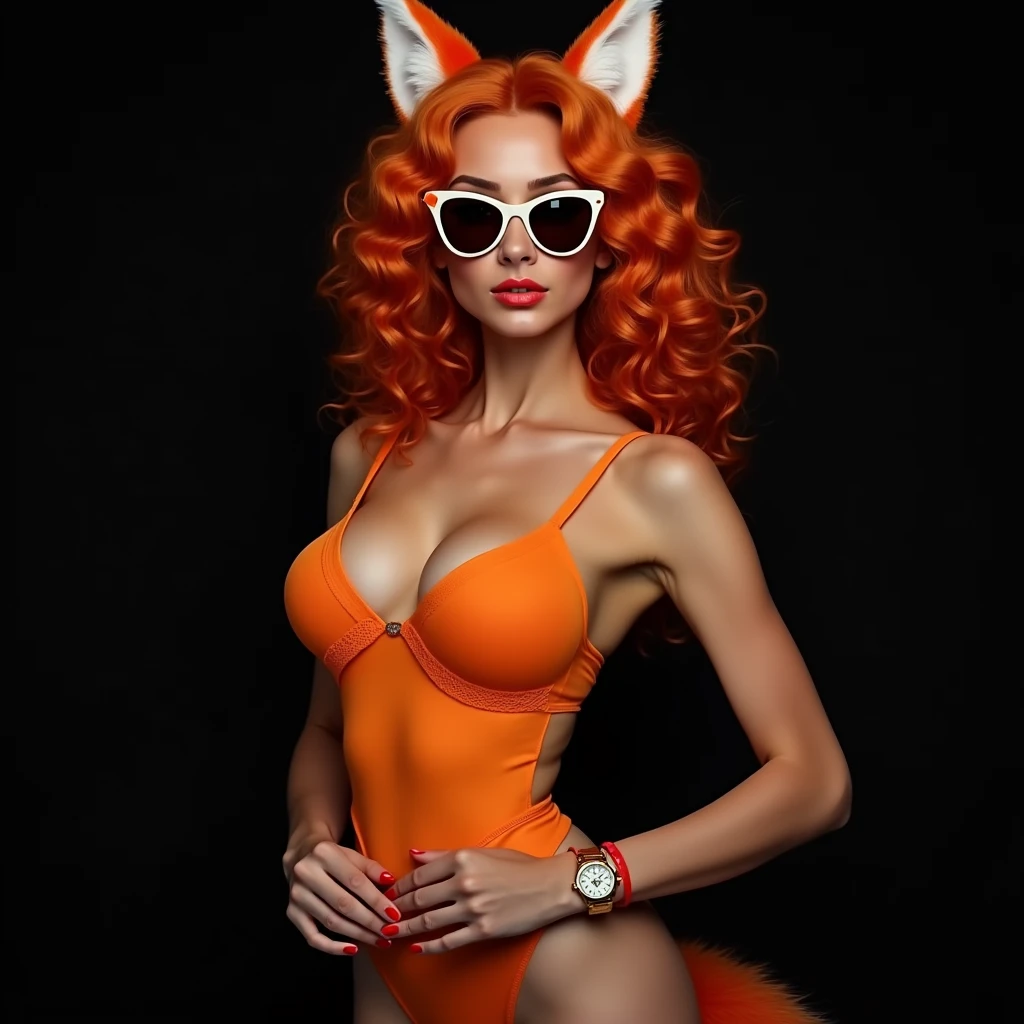 women, , huge breasts, curly orange hair sunglasses, Fox tail, fox ears, orange one piece lingerie, gold watch on wrist, Photo studio, Black background 