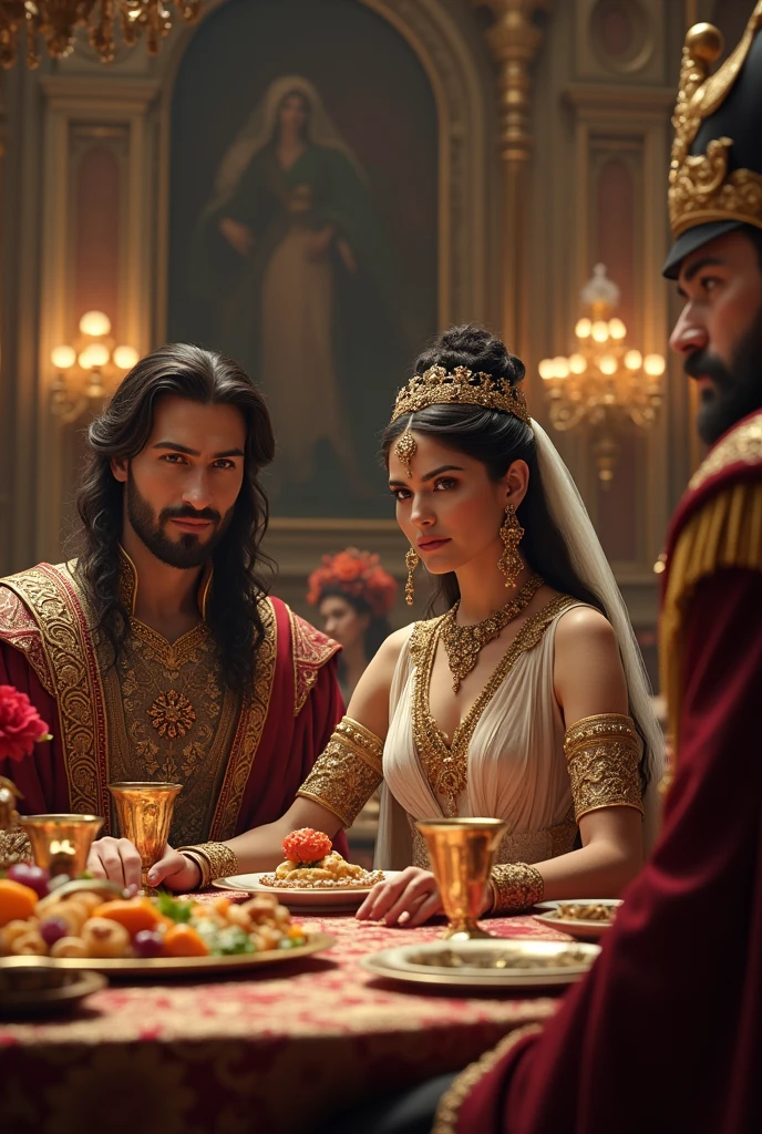 Queen of Persia sitting at a table with the king of Persia and an officer of the king at a banquet add golden cups in their hand