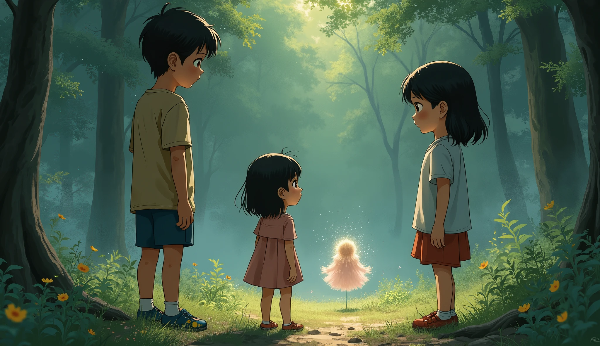 Create an illustration of a complex family dynamic with three children in a style similar to Princess Mononoke. Show a middle child, an older sister, and a younger sister who survived a serious medical condition. The younger sister appears detached and isolated, with a faint, ethereal aura. The background should depict a sense of familial tension and unspoken conflict.