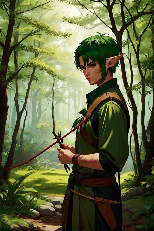 forest elf, man, short green hair, archer, bow