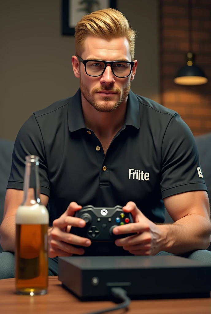 (Photorealism:1.2), blond strong european man with glasses playing with the Xbox series s with his controller where the charging cable is plugged in. There should be beer next to him. His polo shirt is said to have Frit te written on it 