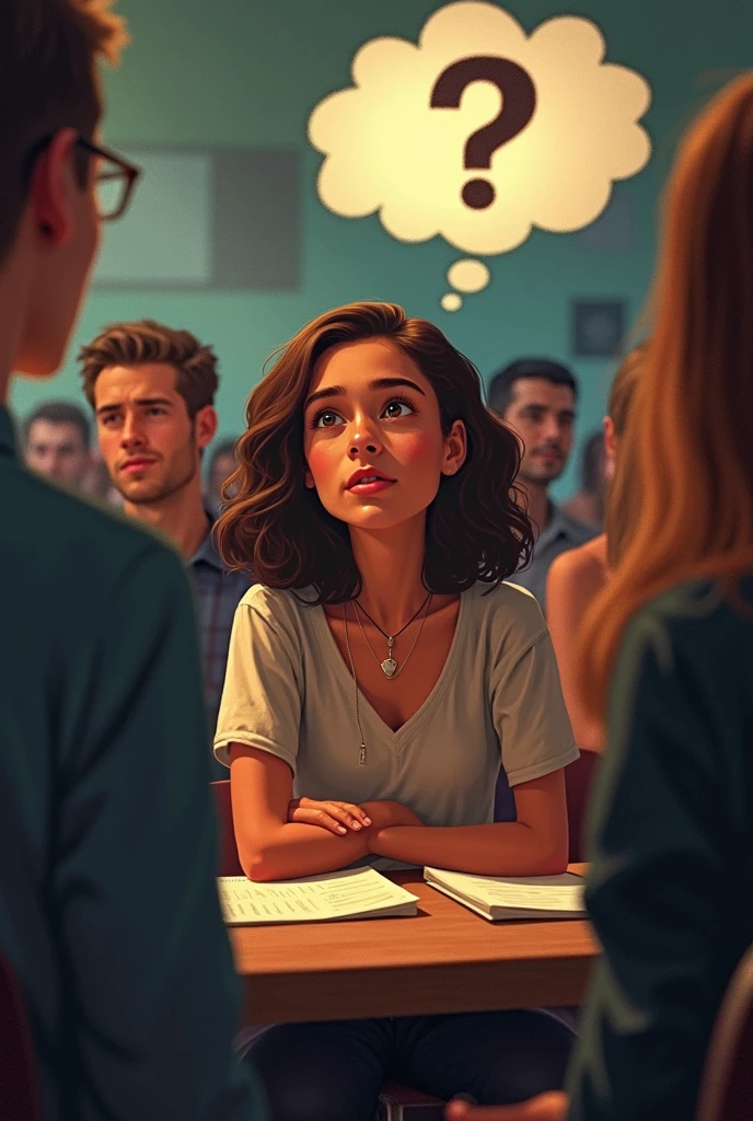 Scene 1: A person (the writer) sitting in a gathering, looking curious and eager to ask a question, with a thought bubble showing a question manA person (the writer) trying to speak, but unable to, with a zip lock on their mouth or a hand covering their mouth, symbolizing their fear and inability to ask questions.