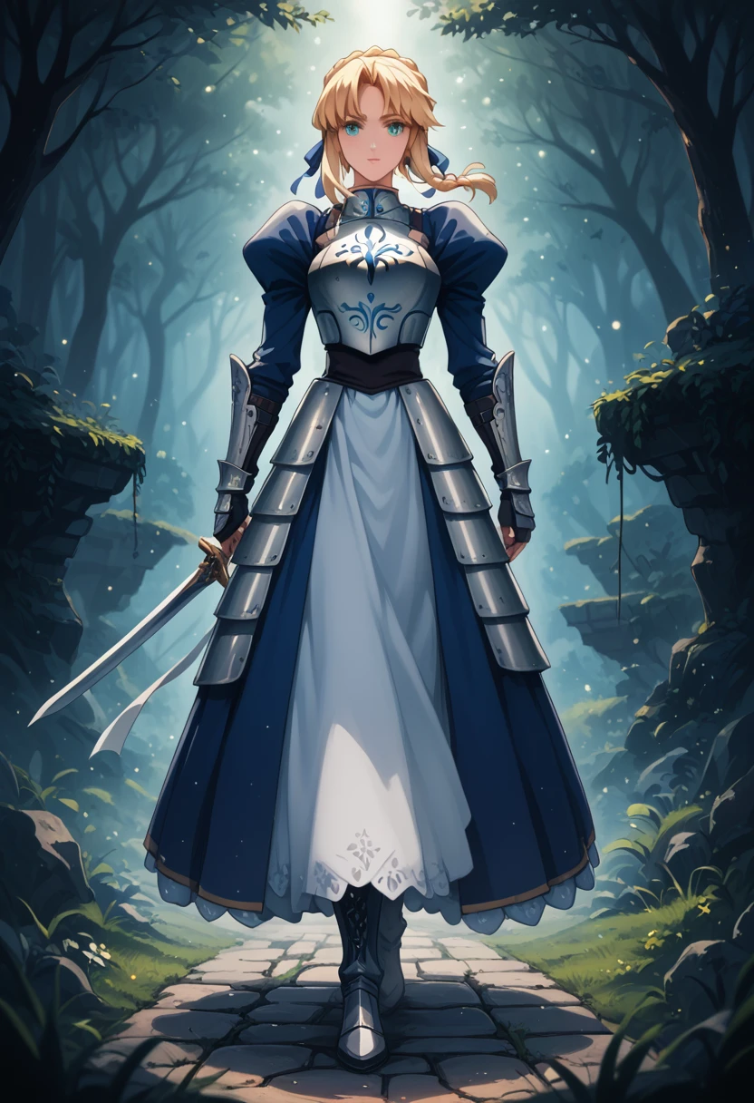 score_9, score_8_up, score_7_up, score_6_up, BREAK Anime - Stylistic image of Artoria Pendragon (braid, dress, ribbon, hair ribbon, armor, gauntlets, armored dress, boots:1.2), standing with a large sword, resting on sword, BREAK Kushatt Krenz Key Art Women, Extremely detailed Artgerm, Artgerm on ArtStation Pixiv, BREAK Epic light novel art cover, gorgeous female paladin, trending on artstation pixiv, Portrait Chevaliers du Zodiaque Fille, BREAK dimly lit spooky mansion, midnight, shallow depth of field, BREAK highly detailed, bokeh, moody, epic, gorgeous, grainy, BREAK (ultra-detailed), (best illustration), (best shadow), (absurdres), (detailed background), (very aesthetic).