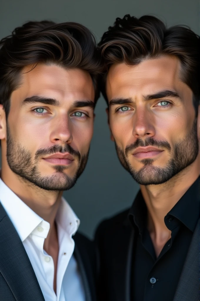 2 man, white, black hair, blue eyes, fine lips, Well-groomed beard, Prominent chin, handsome