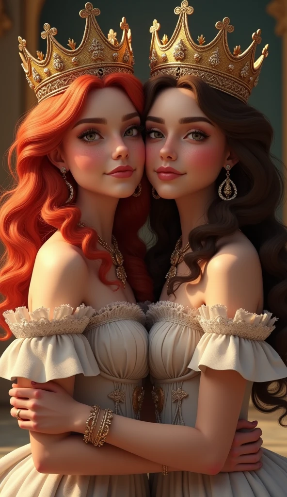 A very beautiful red-haired queen and a very beautiful brunette queen hugging and looking at the camera, whole body, crown, Looking at the camera, 潤んだ目でLooking at the camera