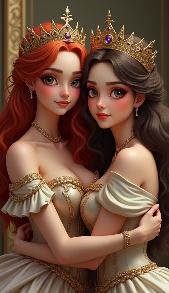 A very beautiful red-haired queen and a very beautiful brunette queen hugging and looking at the camera, whole body, crown, Looking at the camera, 潤んだ目でLooking at the camera