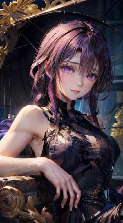 (masterpiece, top quality, best quality, official art, beautiful and aesthetic:1.2), (1girl:1.3), extremely detailed,(fractal art:1.2),colorful, highest detailed, (zentangle:1.2), (dynamic pose), (opera background:1.5), (black dress:1.2), (shiny skin), (many colors:1.4), upper body, kafka,purple hair,((purple eyes)),armpit pose detailed,sitdown at sofa,kafka honkai star rail,seductive face,sexy pose,sadness smile,Gloomy Atmosphere, Teardrops, Emotional Moment, Raindrops, Wet Hair, Loneliness, Sorrowful Expression, Rain-soaked Clothes, Melancholic Scene, Muddy Ground, Gray Clouds, sitting, armpit pose very detailed,,