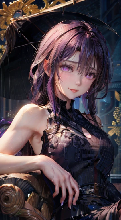 (masterpiece, top quality, best quality, official art, beautiful and aesthetic:1.2), (1girl:1.3), extremely detailed,(fractal art:1.2),colorful, highest detailed, (zentangle:1.2), (dynamic pose), (opera background:1.5), (black dress:1.2), (shiny skin), (many colors:1.4), upper body, kafka,purple hair,((purple eyes)),armpit pose detailed,sitdown at sofa,kafka honkai star rail,seductive face,sexy pose,sadness smile,Gloomy Atmosphere, Teardrops, Emotional Moment, Raindrops, Wet Hair, Loneliness, Sorrowful Expression, Rain-soaked Clothes, Melancholic Scene, Muddy Ground, Gray Clouds, sitting, armpit pose very detailed,,