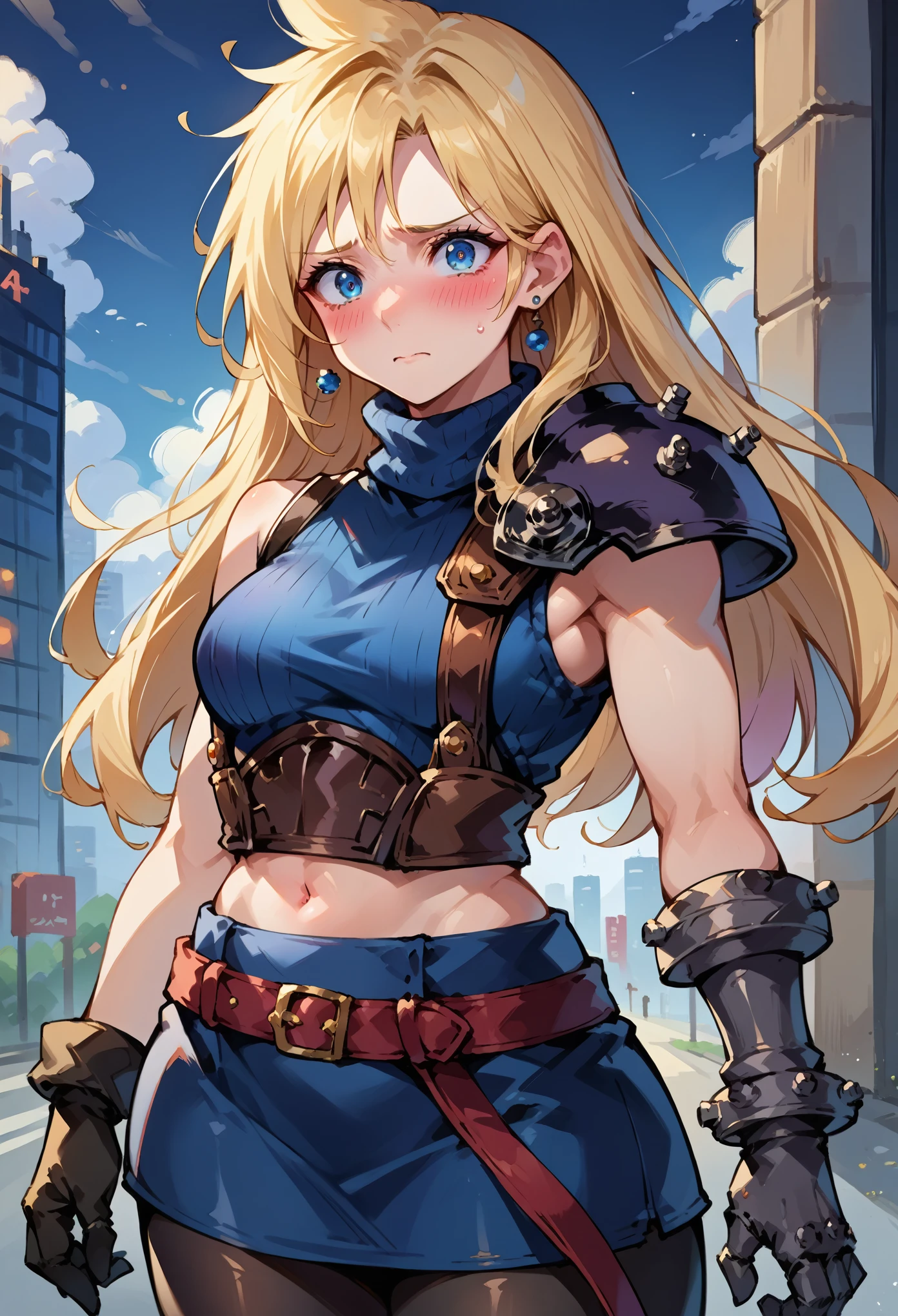 score_9, score_8_up, score_7_up, source_anime, 1girl, solo, female focus, female body, defCloud, blonde hair, long hair, single earring, shoulder armor, sleeveless turtleneck, belt, blue skirt, short skirt, black pantyhoses, gloves,standing, nervous, blushing, midriff, navel, looking at you, metallic city, dark sky, night,