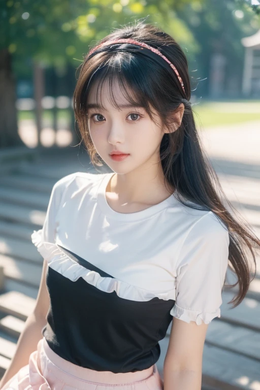 ((SFW: 1.4)), ((Detailed face, professional photography)), ((SFW, headband, t-shirt, ruffled skirt, 1 girl)), super high resolution, (actual : 1.4), Original photo, Best quality, (Photo actual Stick), Focus, Soft light, (()), ((Japanese)), (( (Young face))), (Surface ), (depth of field), masterpiece, (actual), lady, bangs, ((1 girl)) logo hair