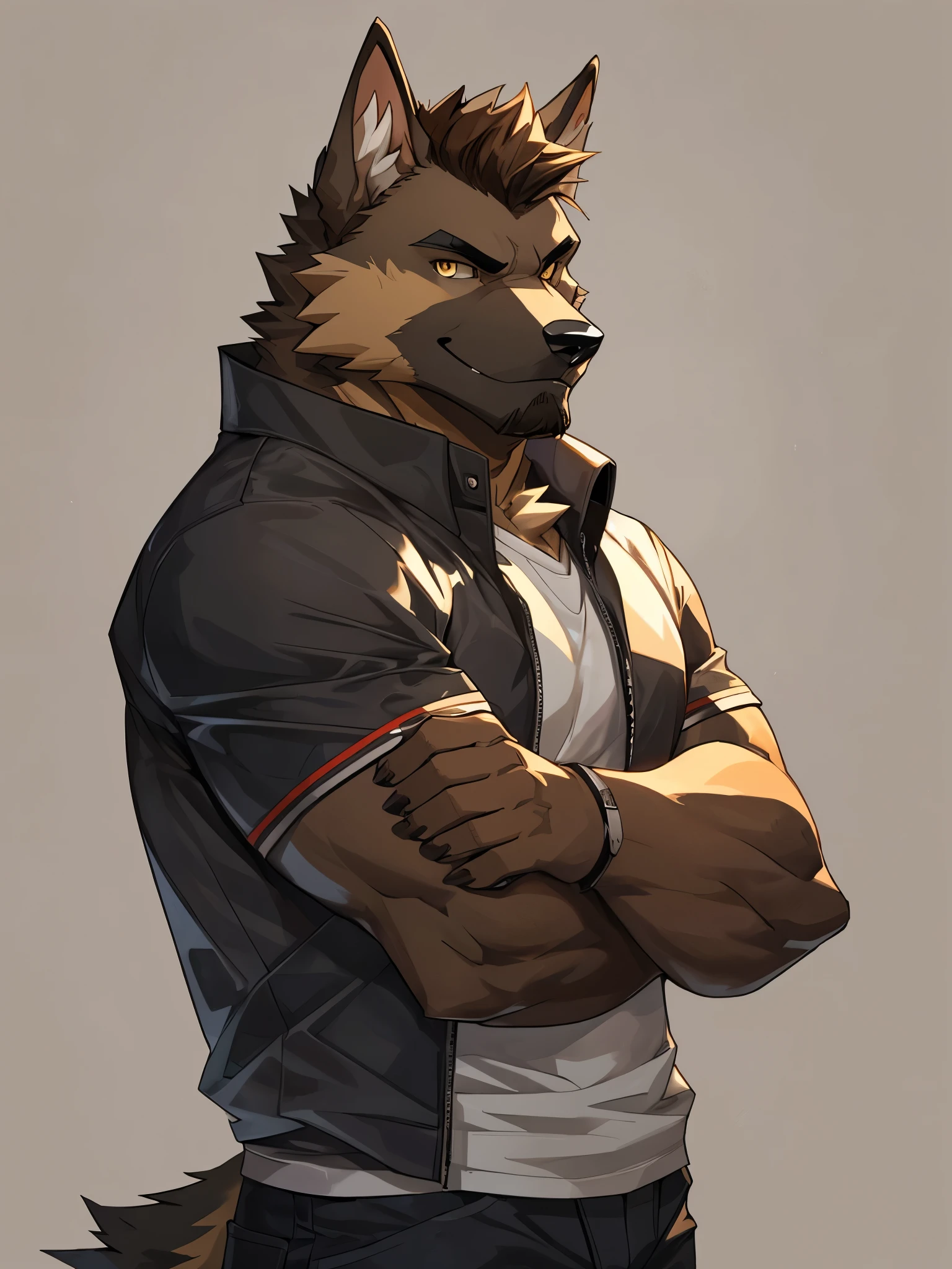 Masterpiece, Solo, Anthro German Sheperd dog, Dark Brown Fur, Yellow Eyes, Medium Brown Hair, Medium Black Facial Hair, Muscular Body, Cool Pose, Handsome, Good Looking, Adult, Fierce, Smirking, Casual Clothes Simple Background