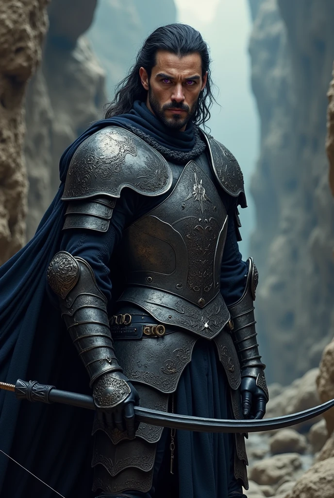 Man in medieval armor, Purple Eyes, black hair with a bow