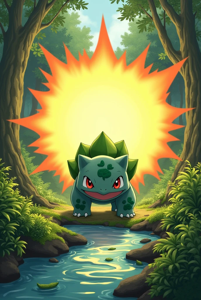 Create a Bulbasaur Pokemon using its solar beam attack in a forest with a river