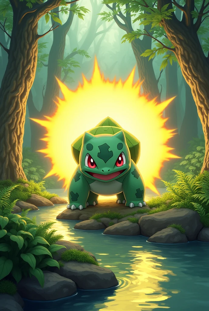 Create a Bulbasaur Pokemon using its solar beam attack in a forest with a river