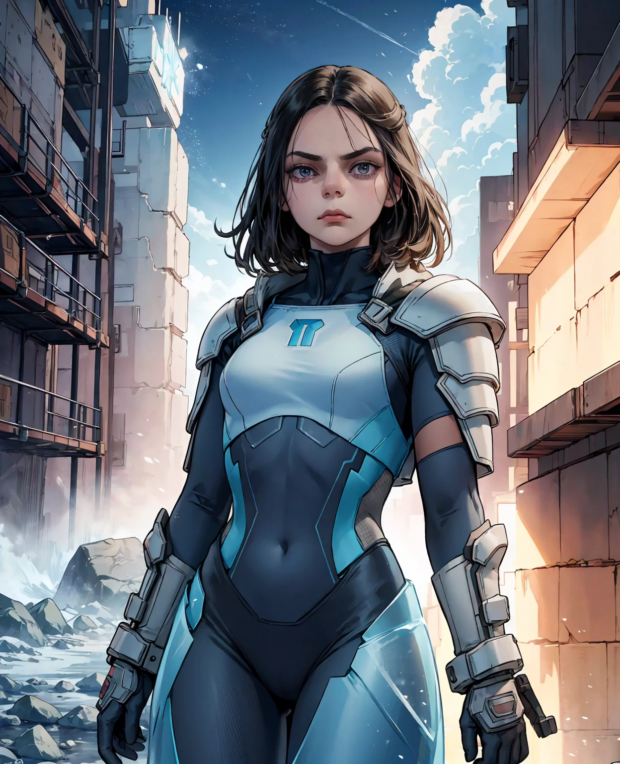 Dafne Keen as the Ice Guard: Hybrid thermal armor, smart visor, antifreeze suit, ice blades, and a cloaked, near-invisible protector in a frozen apocalypse.