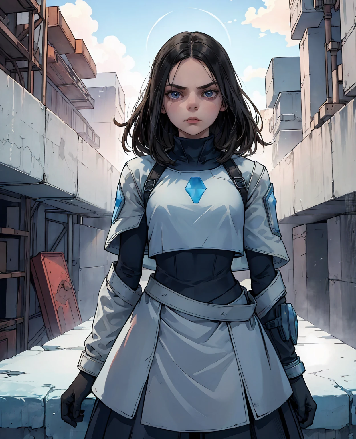 Dafne Keen as the Ice Guard: Hybrid thermal armor, smart visor, antifreeze suit, ice blades, and a cloaked, near-invisible protector in a frozen apocalypse.