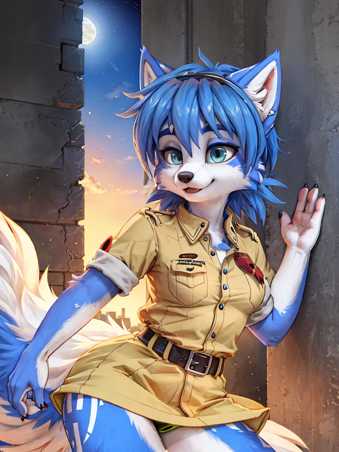 A beautiful and detailed (cute portrait) wa ((krystal)), Star Fox krystal, sslim, lovable, green eyes, medium breasts, (((Long blue hair 1.3))), Decollete, anthro, furry, Uploaded E621, detailed fluffy fur, (wa Fluff-Kevlar, Bayard Wu, Pino Daeni), detailed face, (fluffy), 1 girl, alone, sweet girl, uniform 