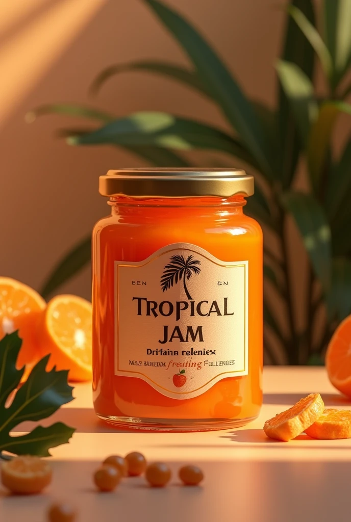 an orange jam jar with a very attractive brand logo "Tropical Jam", that it is a very elegant jam and looks delicious, that looks more sophisticated and more expensive