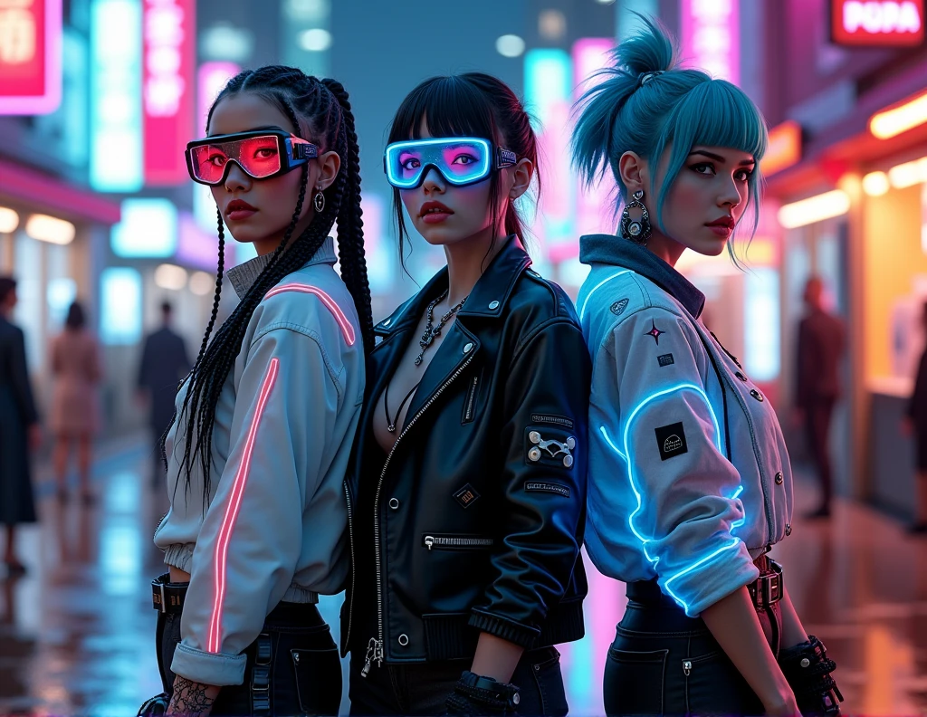 A photorealistic 4K image of three young adult women, exuding confidence and style, standing together as a united group in a neon-lit cyberpunk city. The scene is cinematic, filled with vibrant neon lights and holographic advertisements flickering in the background, creating a futuristic, edgy atmosphere. The women are shown full-length, highlighting their unique cyberpunk-inspired outfits.

The first woman, with dark braided hair, wears high-tech goggles emitting a soft red glow, paired with a white jacket featuring neon accents and embedded circuits. Her look is completed with a sleek visor and mechanical enhancements on her neck and shoulders.

The second woman, with jet-black hair and glowing blue cybernetic eyes, sports a black leather jacket with neon blue tattoos that pulse with energy. Her arms are augmented with mechanical components, and she leans casually against a futuristic bar, exuding a calm, yet powerful presence.

The third woman, with vibrant blue hair styled in a messy bun, wears a translucent jacket that shimmers with neon lights. She accessorizes with glowing earrings and a holographic interface projected from her wrist. Her expression is focused, as she interacts with a floating display, embodying the cutting-edge tech of the cyberpunk world.

The backdrop is a bustling neon city street, with reflections of vibrant lights on the rain-slicked pavement, enhancing the photorealistic details of their outfits and expressions. The scene has a cinematic quality, as if captured from a high-tech, dystopian movie.

[Lighting: Neon glow with reflections] [Camera: Wide-angle full-length shot] [Resolution: 4k, hyper-realistic] [Style: Cyberpunk warriors, neon fashion, cinematic dystopia] [Inspiration: Blade Runner, Cyberpunk 2077, Ghost in the Shell].
