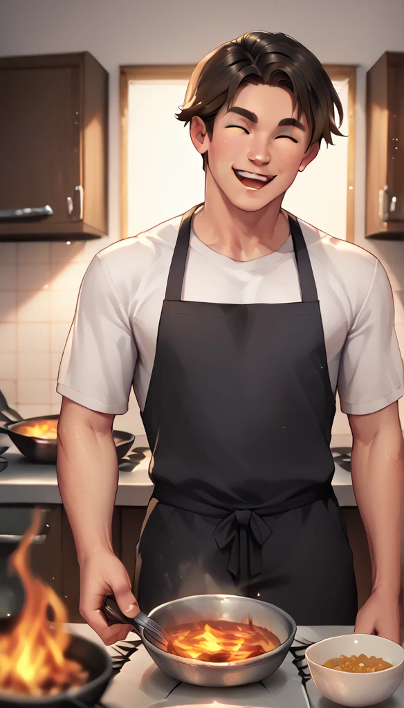 male teen, cheerful, handsome, cooking, fire stove