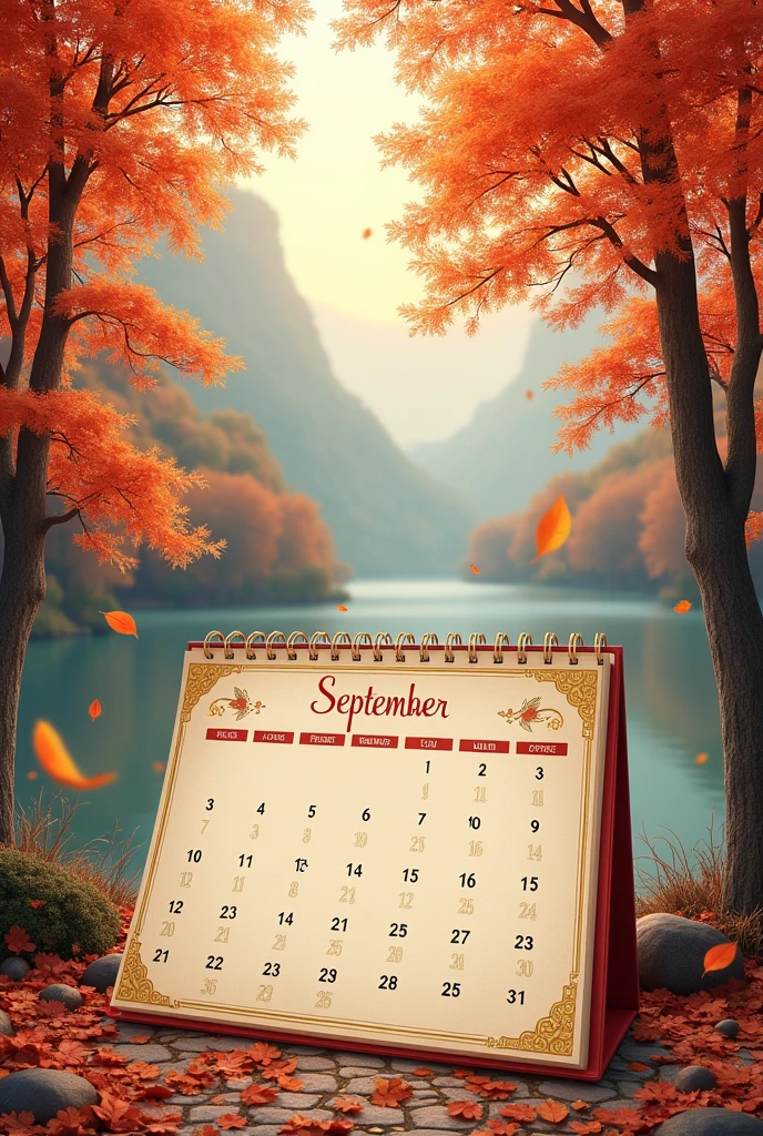 Large calendar for the month of September with a beautiful autumn picture on the background