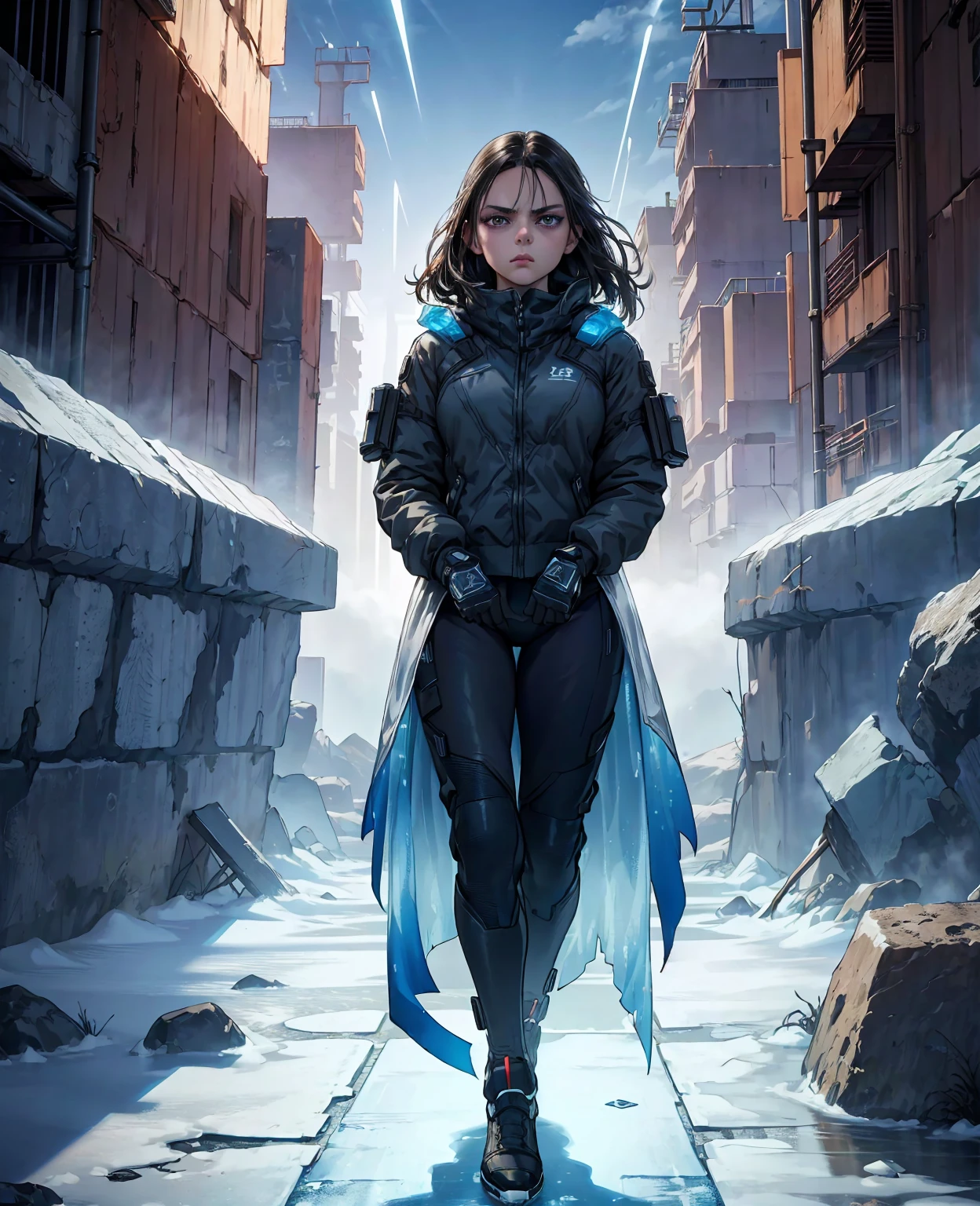 Dafne Keen as the ice guard,hybrid thermal armor,smart visor,antifreeze suit,ice blades,cloaked near-invisible protector,frozen apocalypse,1girl,intricate details,hyper realistic,cinematic lighting,dramatic shadows,glowing icy energy,photo-realistic,(best quality,4k,8k,highres,masterpiece:1.2),ultra-detailed,(realistic,photorealistic,photo-realistic:1.37),HDR,UHD,vivid colors,concept art,sci-fi