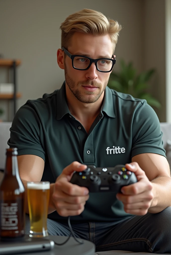 (Photorealism:1.2), blond strong european man with glasses playing with the Xbox series s with his controller where the charging cable is plugged in. There should be beer next to him. His polo shirt is said to have Fritte written on it