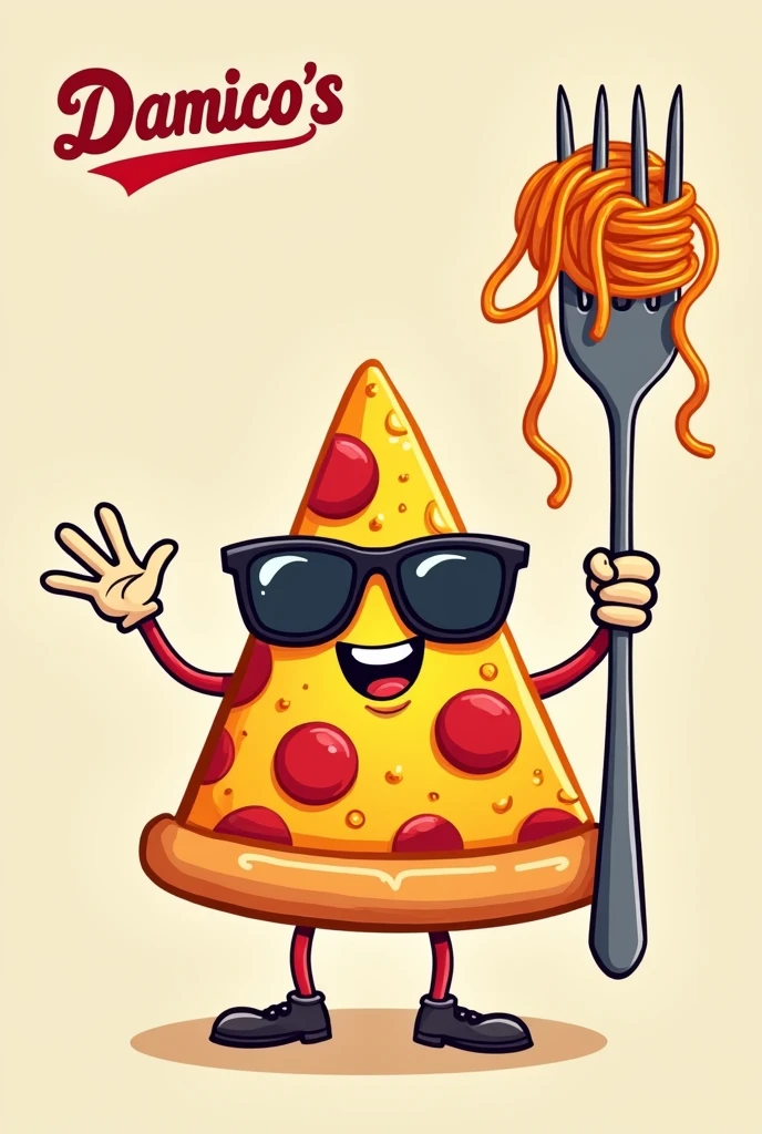 Une part de pizza triangle souriante, portant des lunettes de soleil , tient une fourchette de spaghetti à la verticale, comme un sceptre. L'autre main fait 🤌 .Elle a l'air triomphant et porte un grand sourire. La pizza est de couleur jaune vif, avec des morceaux de pepperoni rouges et du fromage fondu. La fourchette de spaghetti est enroulée de spaghettis et est de couleur orange. Logo. Avec DAMICO'S écrit au dessus.