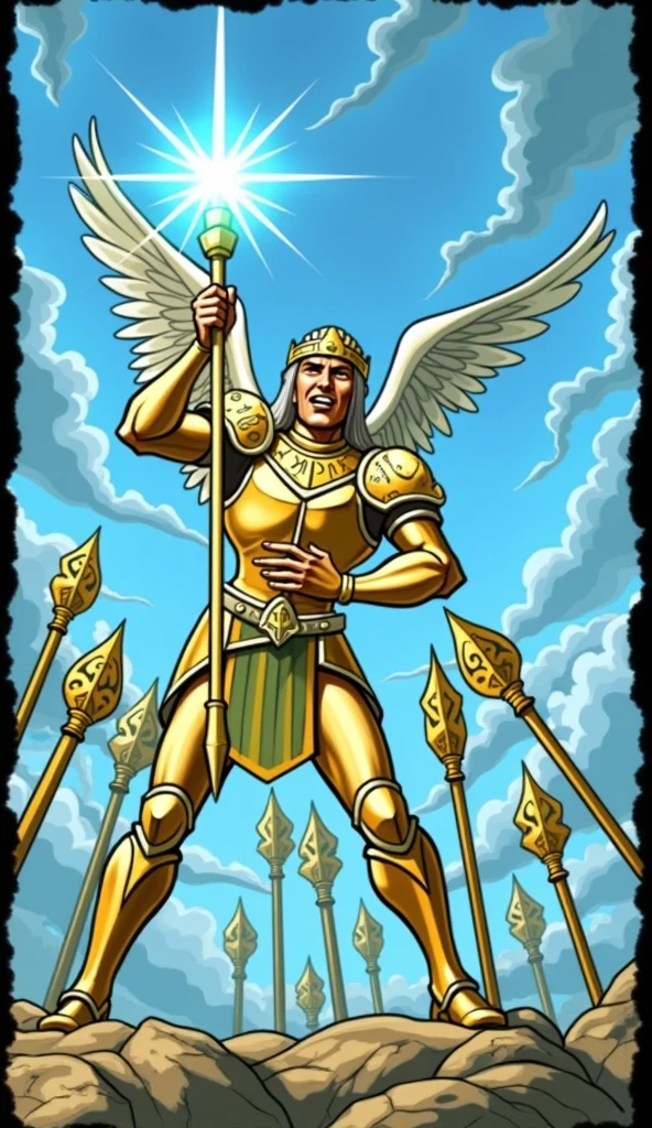 Create a hyper-realistic and visually striking image for the Seven of Staffs in the Lumen Angelis Tarot deck. The central figure is a powerful and determined angel, standing on the edge of a high, rocky precipice. The angel is in a defensive stance, holding a staff of light firmly in both hands, ready to protect their position. This staff glows intensely, casting a radiant blue light that signifies courage and determination.

Below the angel, six other staffs of light, in varying hues of gold and silver, rise from the lower ground, as if being wielded by unseen forces challenging the angel’s resolve. These staffs are directed toward the central angel, symbolizing the obstacles and adversities they must overcome.

The angel’s wings are spread wide, their feathers sharp and luminous, reflecting the light of the central staff. They are clad in a gleaming silver armor that bears ancient, celestial runes, adding to their aura of strength and resilience. Their expression is one of fierce determination, eyes focused, ready to face any challenge that comes their way.

The background is a dramatic, stormy sky, with dark clouds swirling around the precipice, but with rays of light breaking through, illuminating the angel. The rocky ground is rugged and uneven, emphasizing the difficult position the angel holds.

The entire scene conveys a sense of intense struggle, inner strength, and the will to stand firm against overwhelming odds, aligning perfectly with the traditional symbolism of the Rider-Waite Seven of Wands but elevated with the celestial theme of Lumen Angelis.