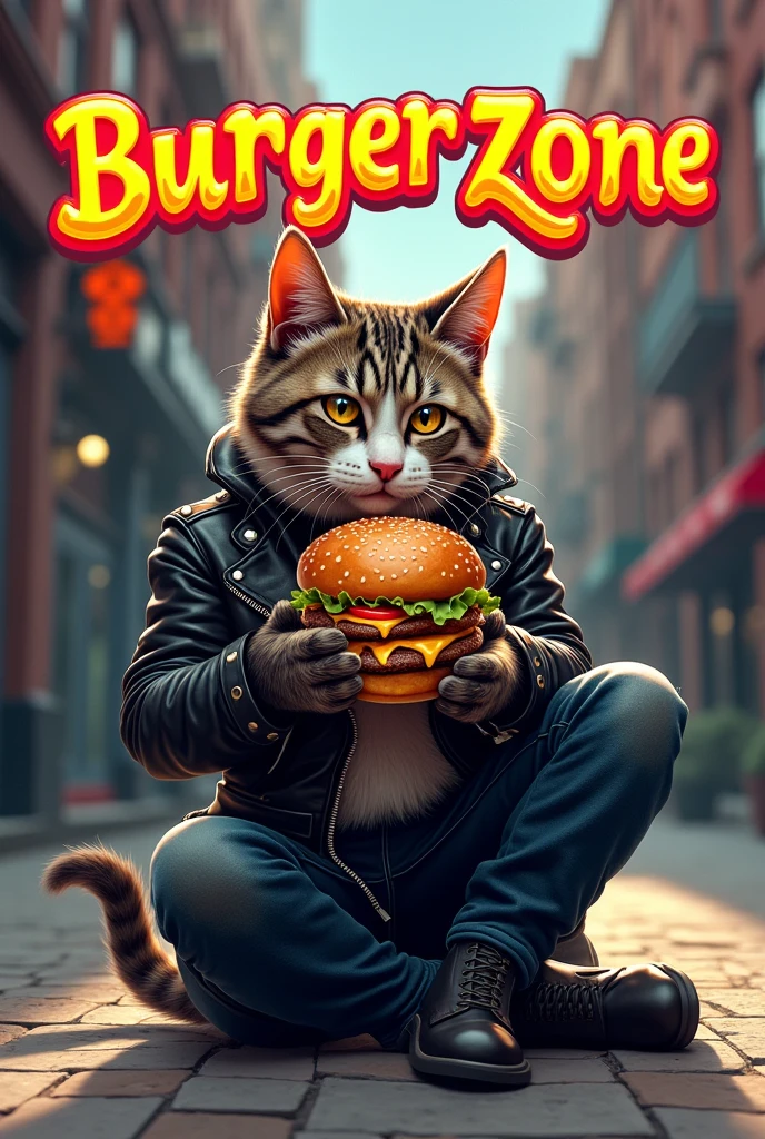 Biker cat sitting on the sidewalk eating a burger with a caption above that says "burger zone"