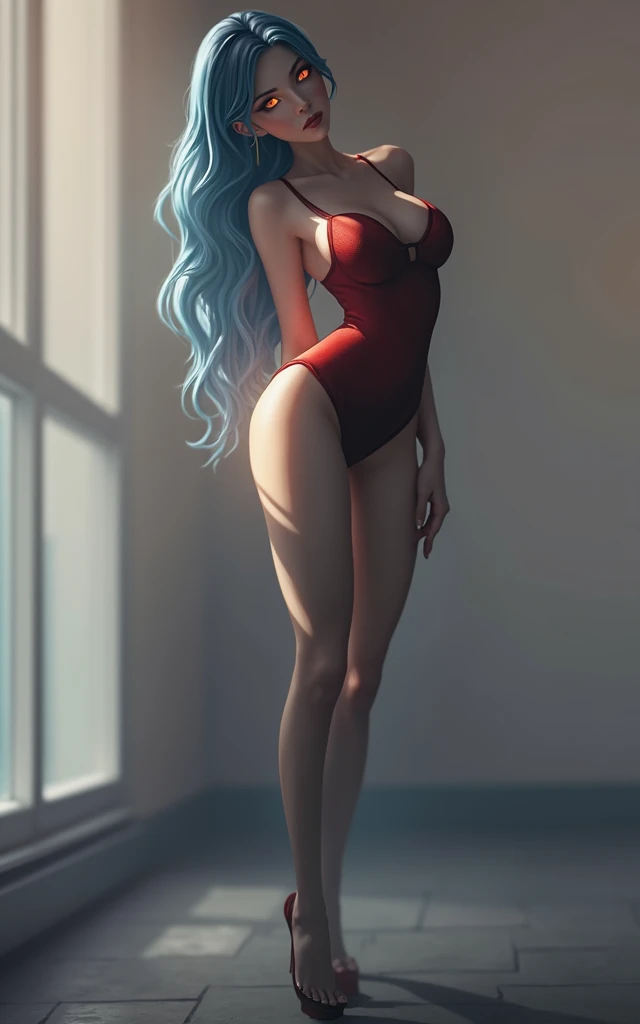 realistic.super detailed.super beautiful.sexy body.tall body.long blue hair.big breasts.flaming eyes.red dress.shining.cosplay.super focused.high quality.hd wallpaper.high graphics.