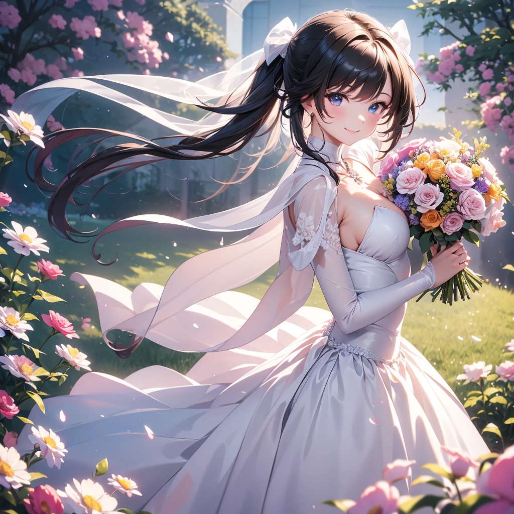 masterpiece,Highest quality,high definition,High resolution,4K,8k,Ultra high definition,masterpiece,Highest quality,high definition,High resolution,4K,8k,Ultra high definitionCG,Anime illustration style,１girl, anime painted, front angle, pose standing, shiny black twin tail hair,black, accessories ribbon, expression smiling,arms behind back,Scene of a garden full of flowers、In a wedding dress、Behaving gracefully。fashion model posing ,shiny skin,Low angle ,fashion model posing ,holdng a flowers.bouquet.