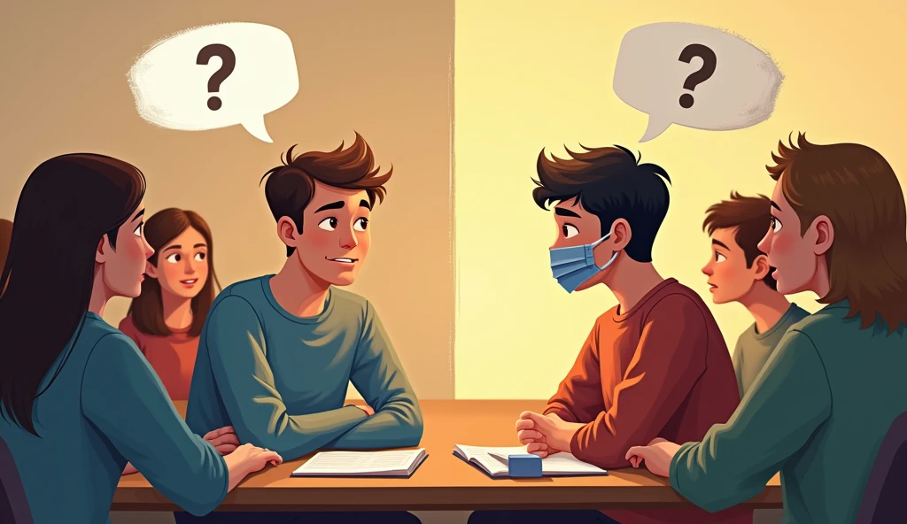 Scene 1: A person (the writer) sitting in a gathering, looking curious and eager to ask a question, with a thought bubble showing a question mark.
A person (the writer) trying to speak, but unable to, with a zip lock on their mouth or a hand covering their mouth, symbolizing their fear and inability to ask questions.
