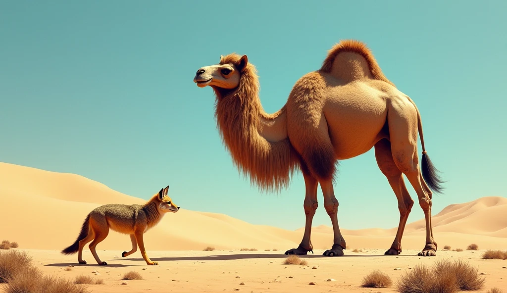 A camel and a coyote in the desert.