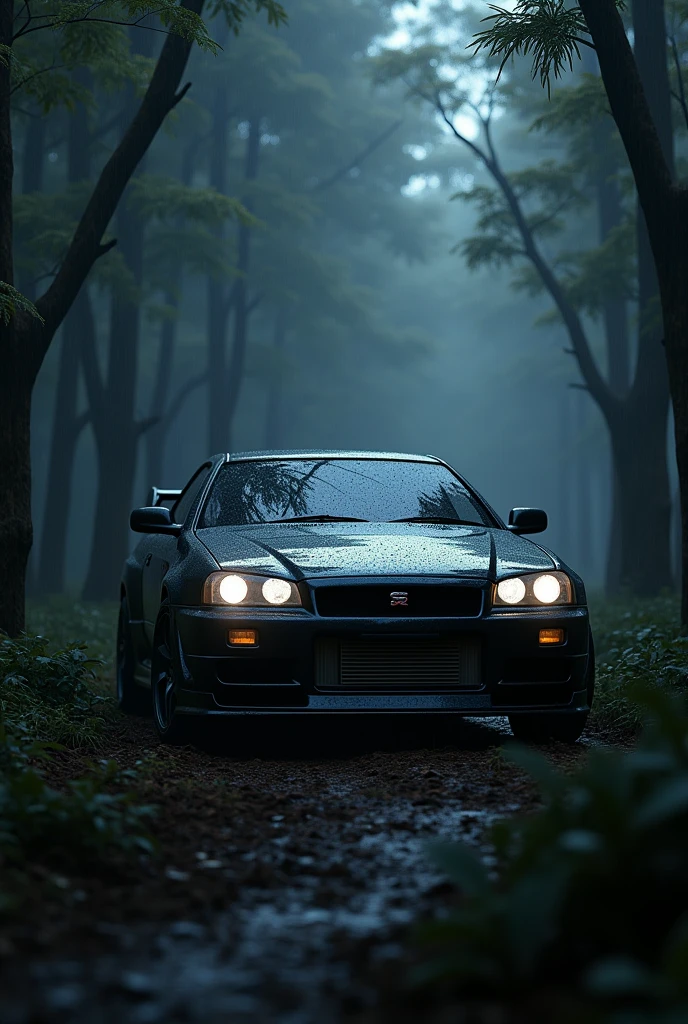 "A dark and moody image of a R34 driving through a dense forest, its headlights barely visible through the trees.