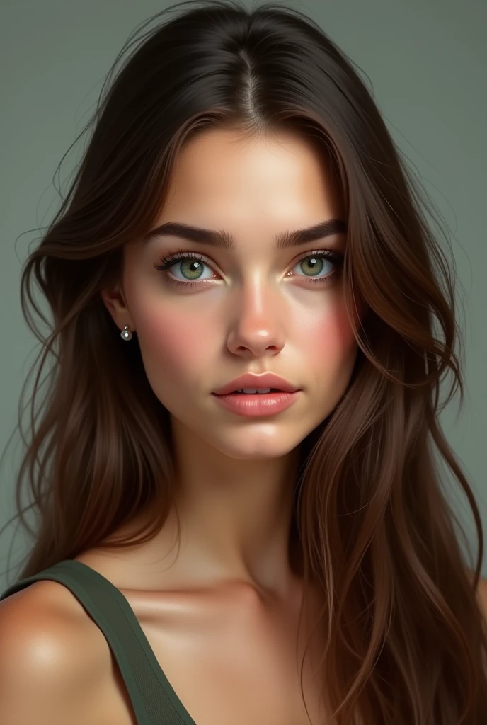 20 year old brunette woman, long straight hair and green eyes