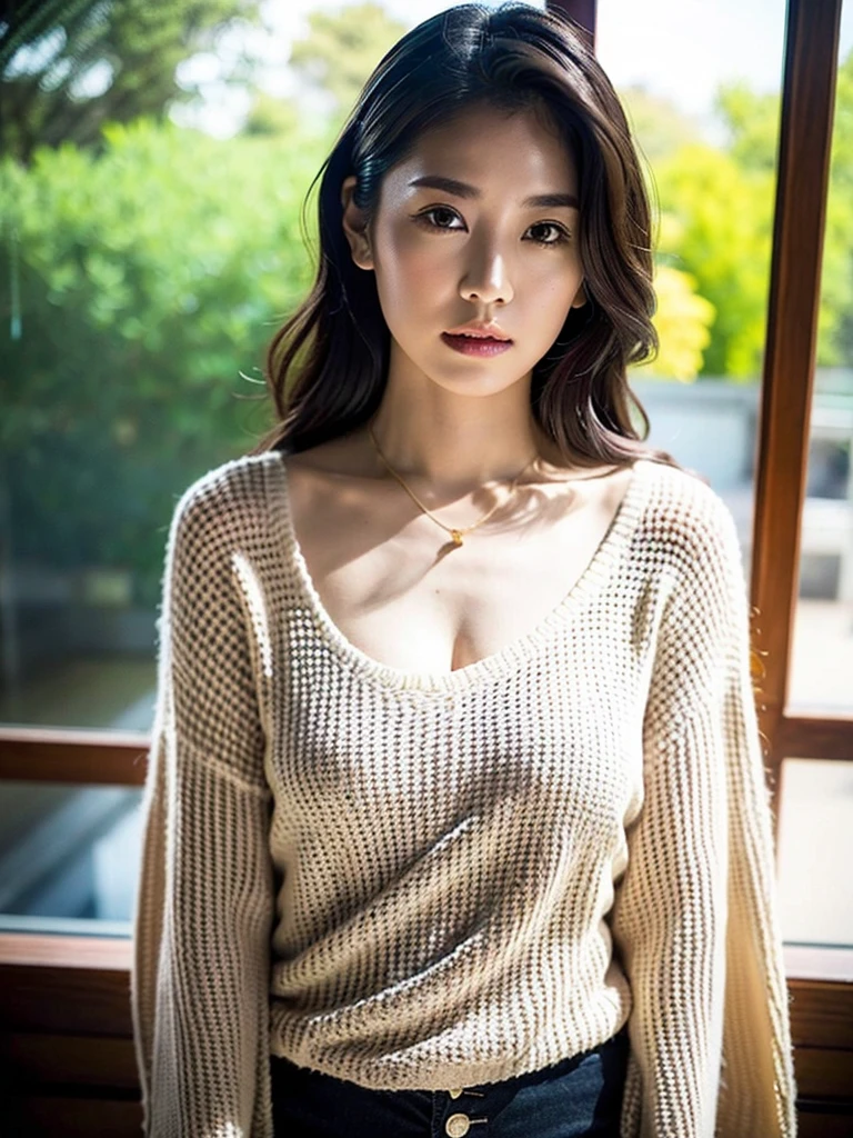 (最high quality, 8k, masterpiece, 超High resolution:1.2),(Model shooting style), (shy),超High resolution,(Realistic:1.4), ((最high quality)), ((masterpiece)),Smooth lighting, ARRI Lens,8k,uhd,ARRI ALEXA 35, high quality,Very delicate and beautiful, 素晴らしいmasterpiece, Very detailed, High resolution,Best Shot, Best Shadow,Complex,Sharp focus, Focus distance 100mmf/2.8,Japanese actress,1 person,Beautiful mature woman with long wavy hair, She is attractive, sexy,Beautiful Japanese Women Photos, Large Breasts,Upper Body,Face Focus, necklace, Bali Villas, From above, View your viewers,Loose sweater,The sweater is made of crocheted fabric with sequins all over.
