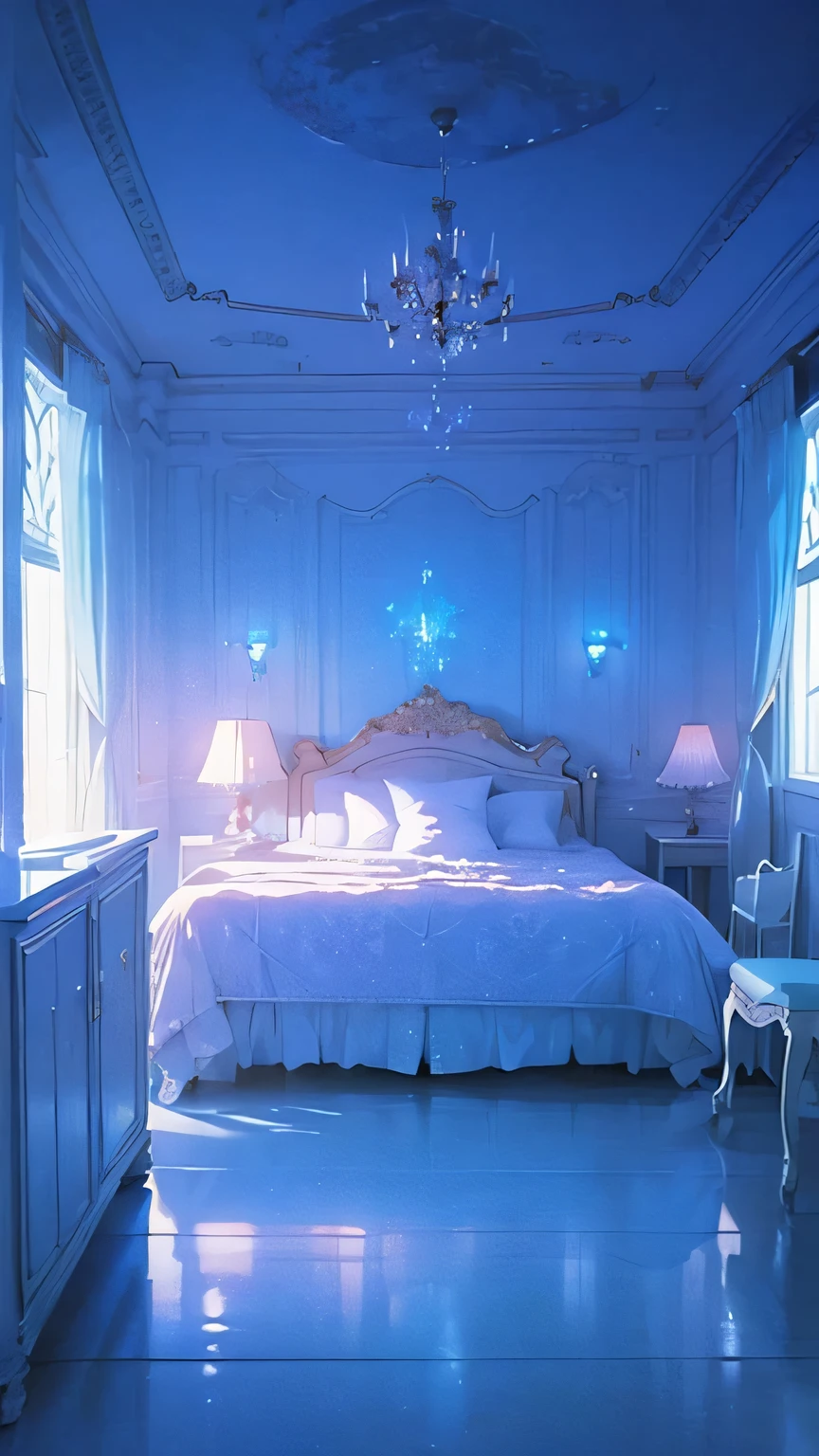 a blue dreamy house, bedroom, retro, foggy, soft focus, year of 1995, cool lighting, muted pastel colors, glowing atmosphere, dramatic, cinematic composition, dream-like quality, ethereal, romantic, soft focus photography, blue hour, windy, marble, golden and mirrors, hazy, thick fogs