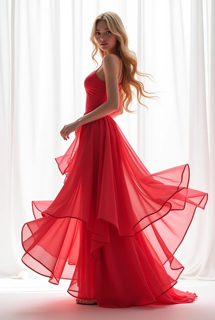 a delicately charming woman, long blond hair,  modern dress in red, pink ruffles . the background is simple and white