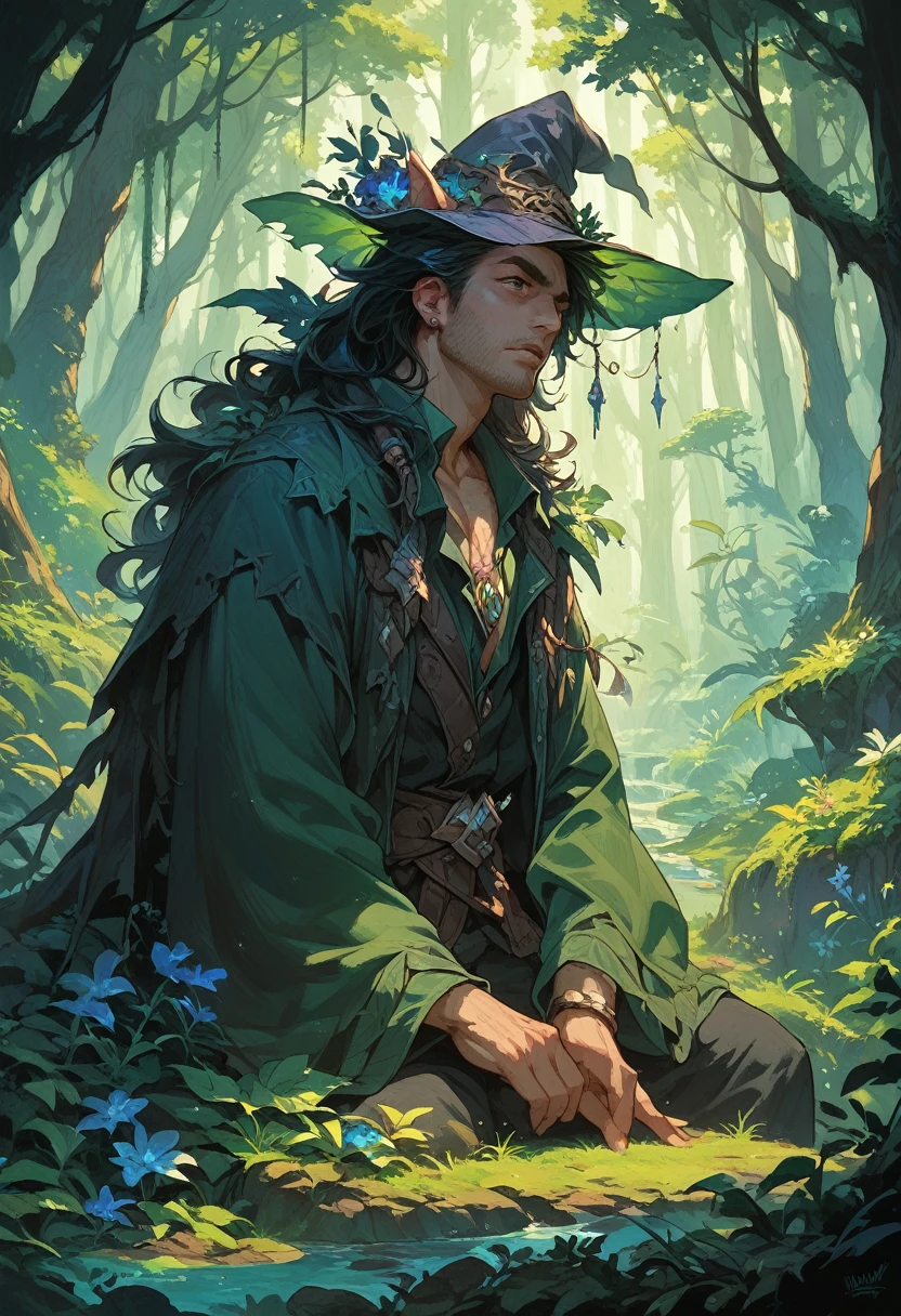 A dark fantasy style wizard in a mystical forest.