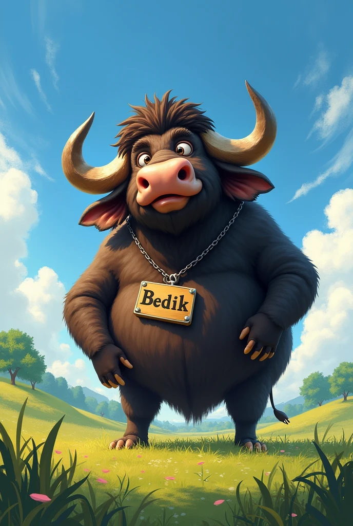 A big funny buffelo with a name plate in her neck named Bedik 