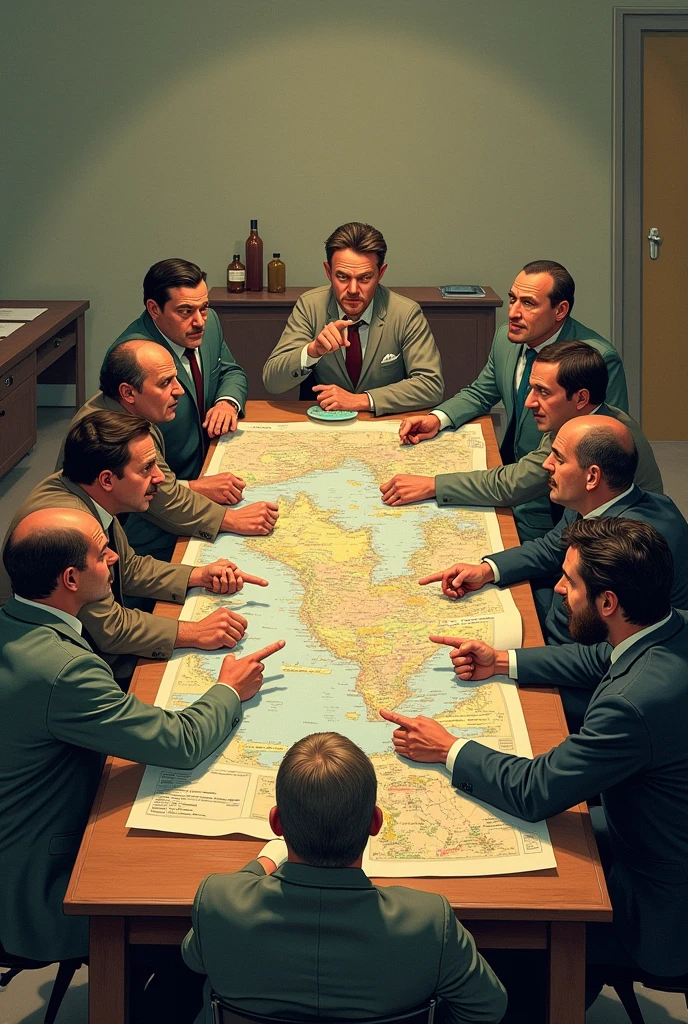 Picture of multiple people sitting around a table with serious expressions, but everyone is holding different maps or pointing in opposite directions (classic "too many cooks in the kitchen" vibe).