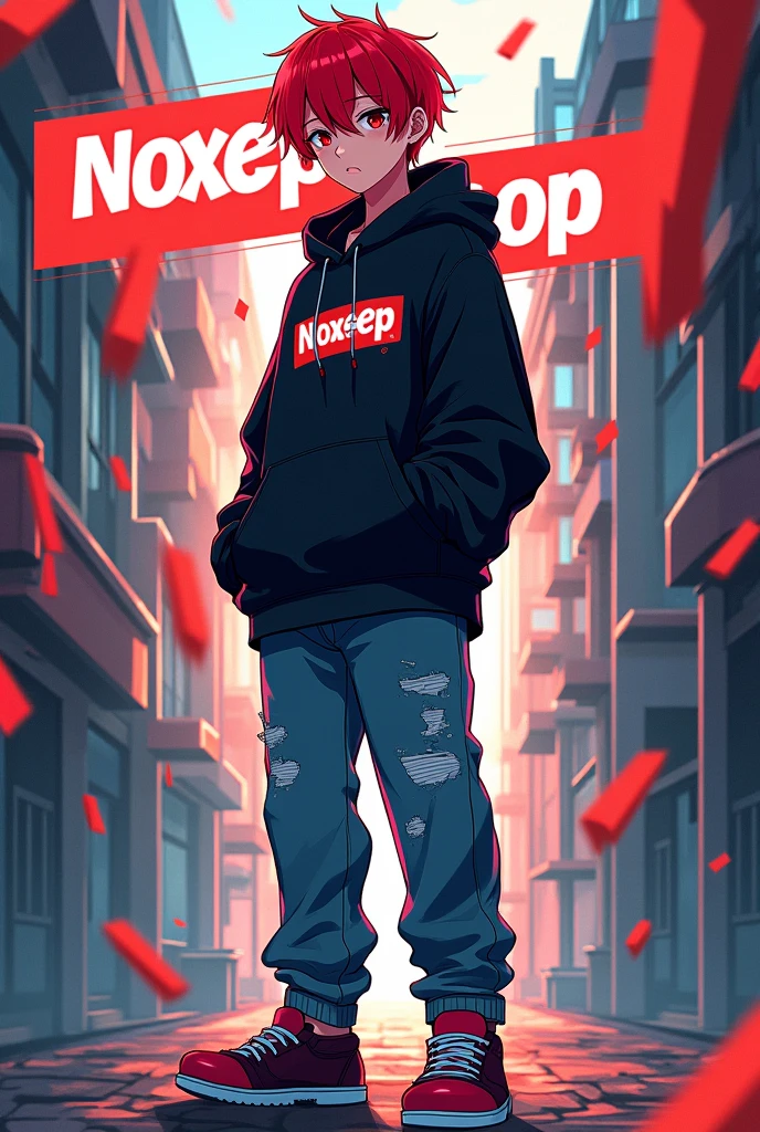 I want to make a cover similar to a game code or ID, anime style, red hair, black hoodie, jeans and slippers, must have the word NOXTEEP SHOP.