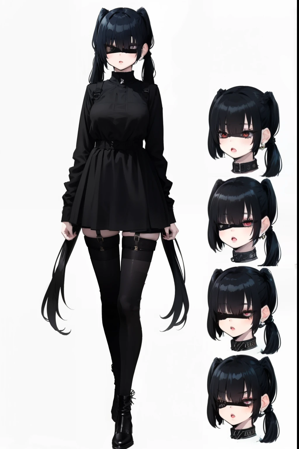 1girl, solo, twintails, sketch, traditional media, eyepatch,\(medium\),Slouching full body,fellatrix style,bimbo,lips,makeup, Character design diferent views of character