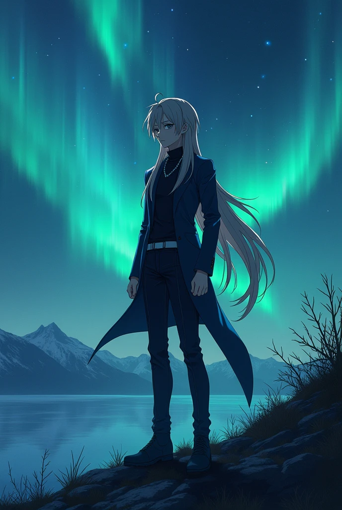 Character face who looks is mixture of long hair eren yeager + gojo + horimiya miyamura + shoto todoroki and who is the mixture of all this character and the most stylish and handsome character standing in a hill during night with beautiful scenery and aurora