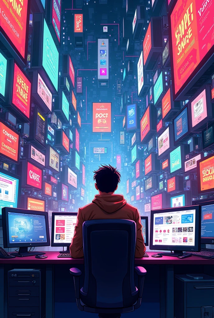 "Create a vibrant image showcasing the frenetic world of e-commerce through multiple advertisements displayed on various monitors. Depict a chaotic and bustling digital environment with numerous screens and devices, each displaying colorful, flashy ads for online products and sales. The monitors should be arranged in a cluttered, overlapping manner, showing a variety of products from clothing and electronics to home goods and services. Include dynamic visual elements like animated banners, promotional pop-ups, and eye-catching deals. The background should be a whirlwind of digital graphics and advertisements, with bright, contrasting colors and energetic lighting to capture the fast-paced, relentless nature of online shopping promotions. The overall atmosphere should convey the overwhelming and omnipresent aspect of modern e-commerce."





















































